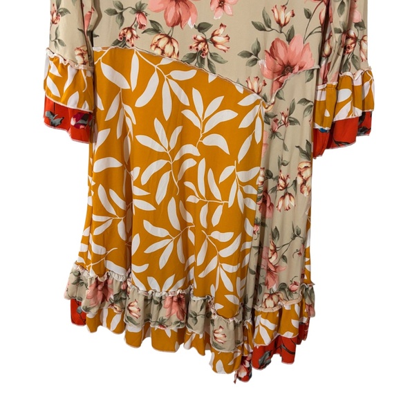 Celeste Mixed Floral Patchwork Ruffle Hem Dress Medium orange tan pink boho - Picture 4 of 12